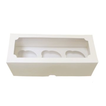 Упаковка с ложементом CUPCAKE 3 с окном белая 250х100х100мм (50шт/упак., 150шт/кор)