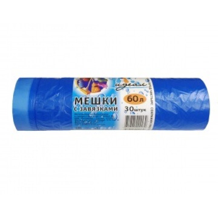 60л.(12)Мешки мусорные 60х70см с завязкой в рулонах (по 30шт.) Голубые Идеал